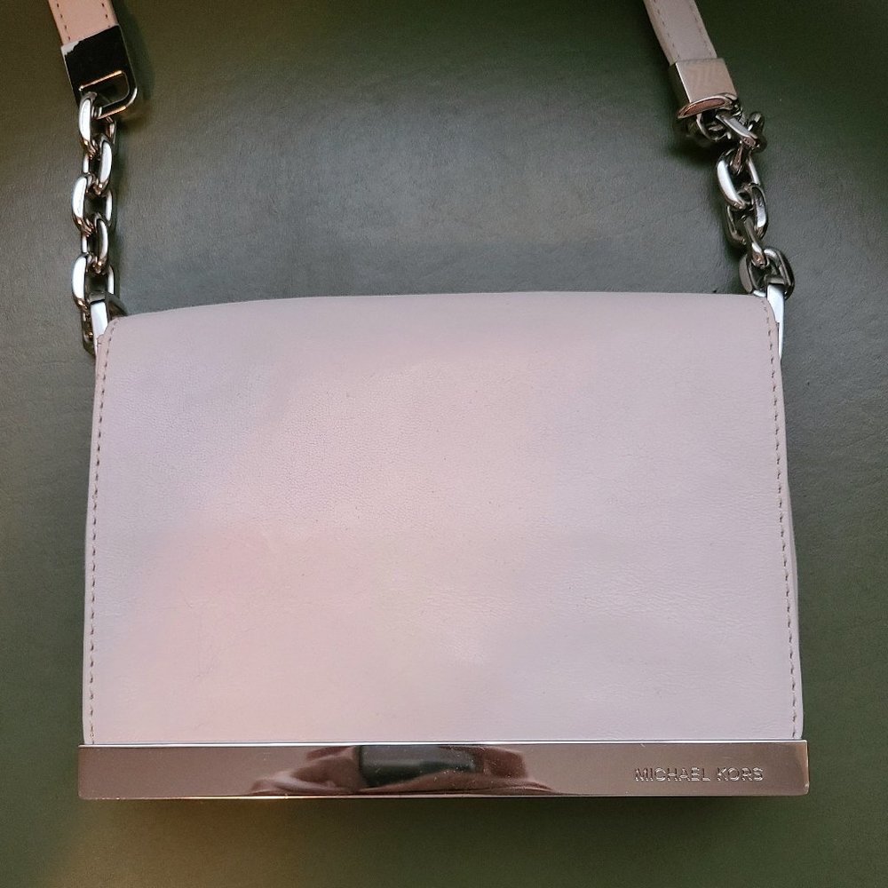 Michael Kors White Genuine Leather Flap Shoulder Bag w Silver Chain & Details